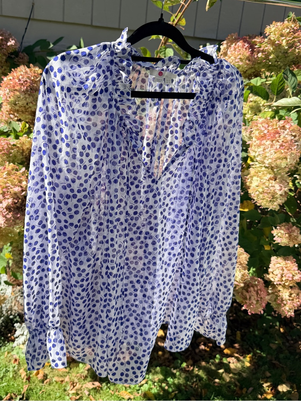 Boden White Blouse with Blue Dot Print and Ruffle Neckline
